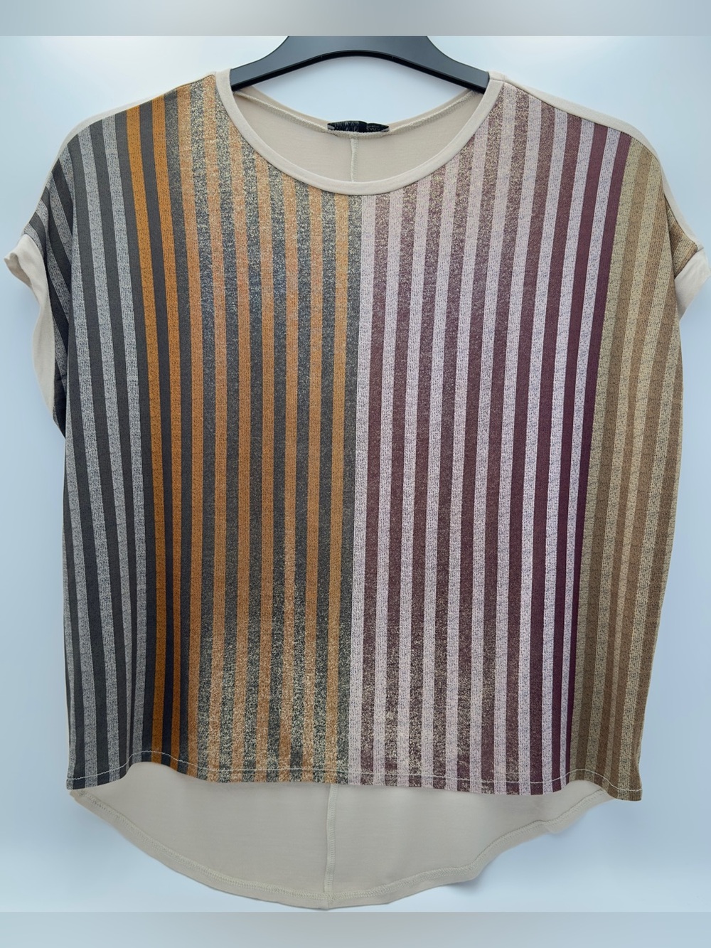 Zara Striped Short Sleeve Top in Cream, Brown & Burgundy